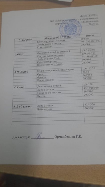 2026 жылдың 2 ақпанның  Ас мәзірі