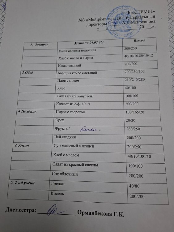 2026 жылдың 4 ақпанның  Ас мәзірі